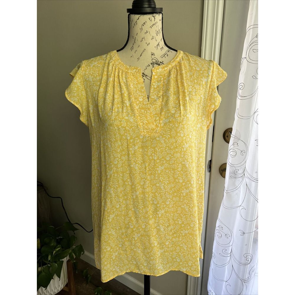 Loft Outlet Women's Flutter Sleeve Top XL Yellow Floral‎ Feminine Lightweight